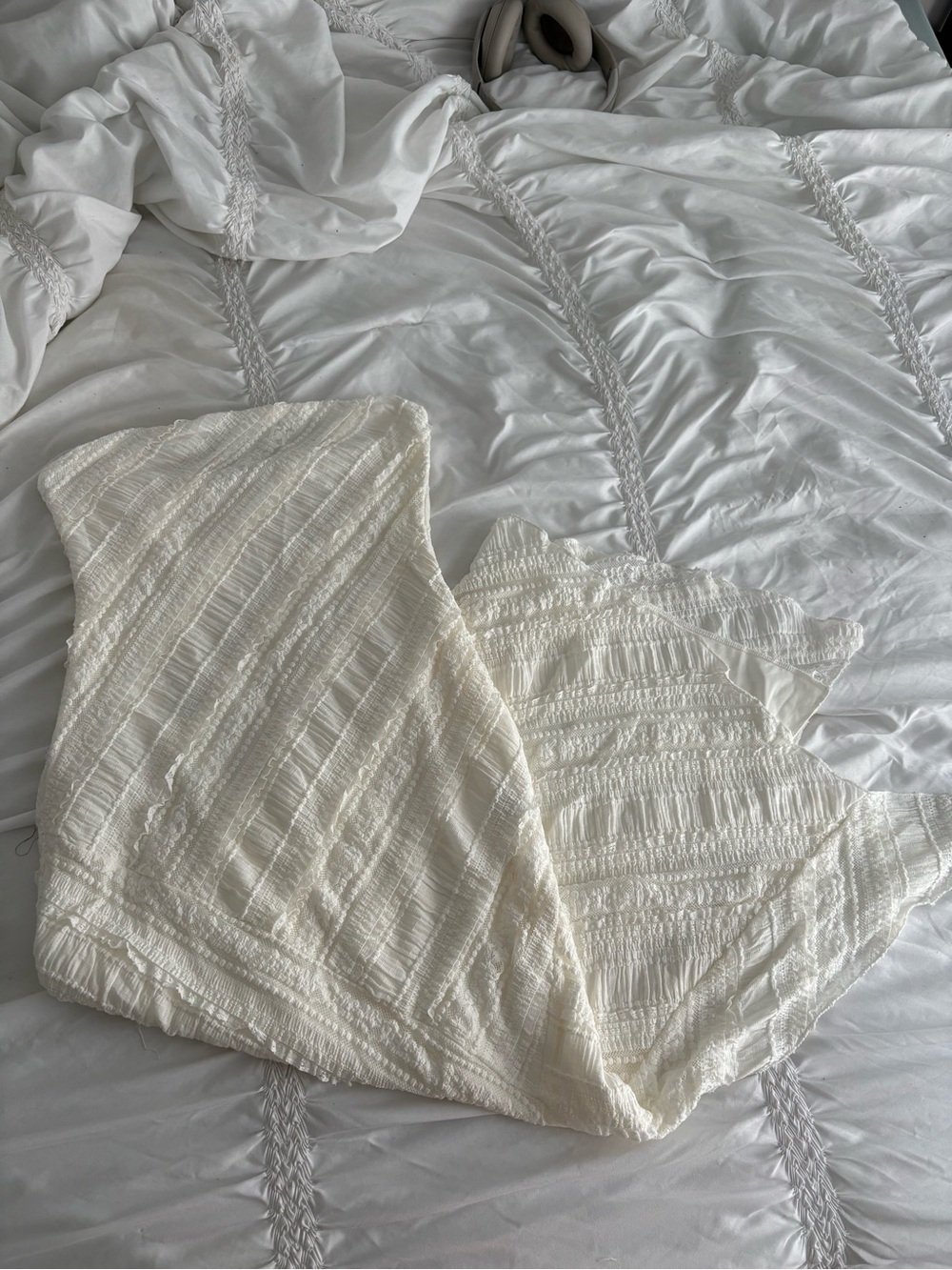 Cream Textured Cotton Strapless Dress